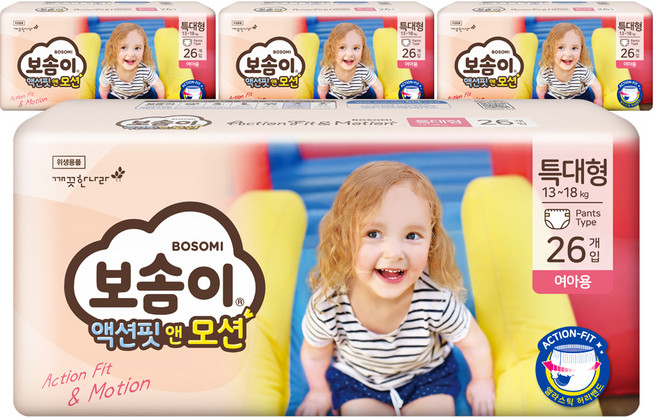 보솜이 액션핏앤모션 팬티형 기저귀 여아용, 특대형(XL), 104매