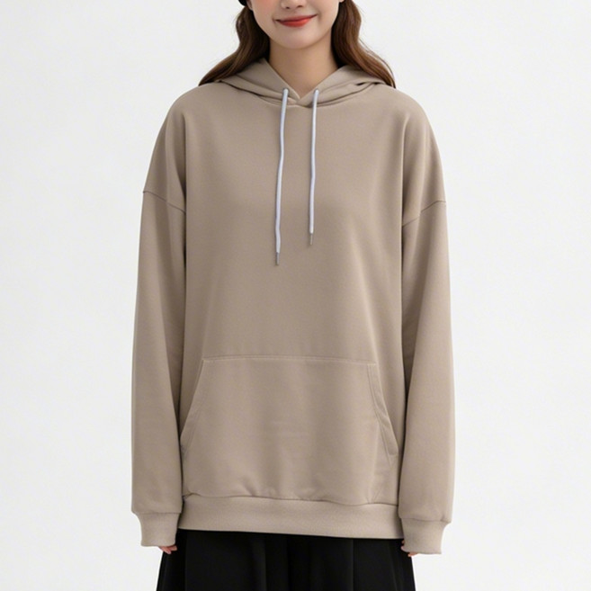 allode 女款日常薄款素色長袖寬鬆連帽T恤 口袋款