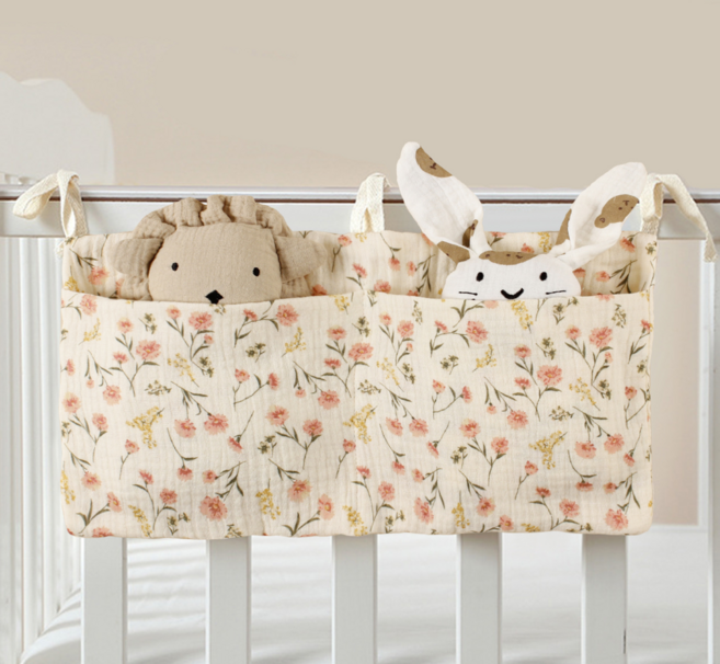 쿠말 침대 옆 순면 사이드 수납 멀티 더블 포켓, 분홍색 꽃