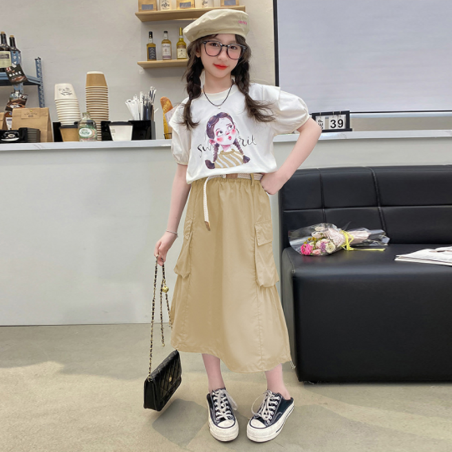 오렌지다몸 여아용 양갈래 소녀 반팔 티셔츠 + 포켓 치마 세트