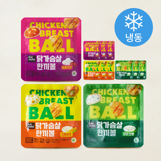 잇메이트 닭가슴살 한끼볼 혼합 100g x 3종 x 4개입 세트 (냉동), 1세트