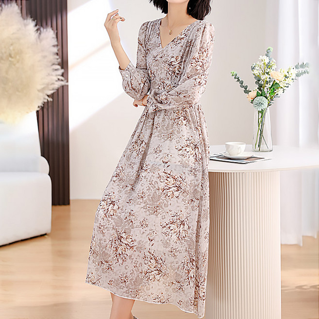 퀸이즈 여성용 올드 플라워 나염 벨티드 원피스