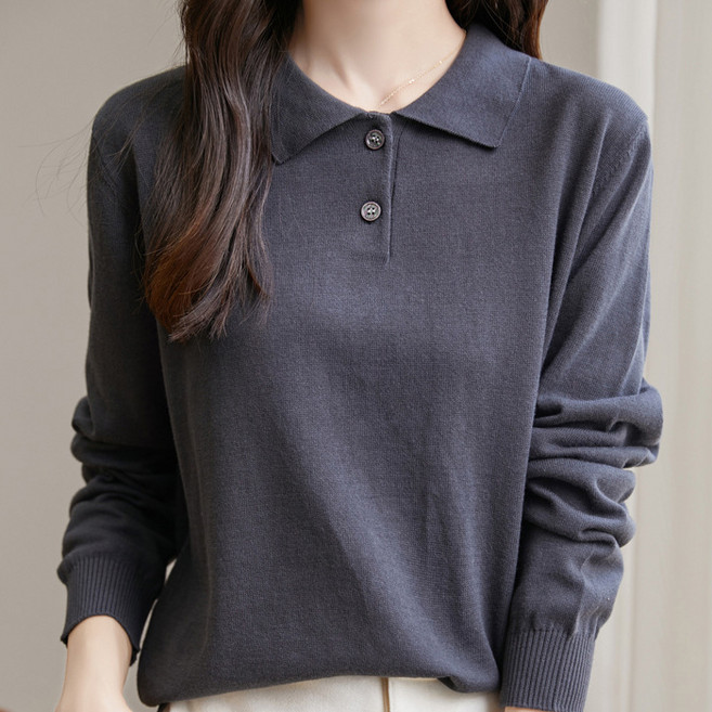 라라티나 여성용 데인스 심플 카라 코튼 니트 긴팔 셔츠