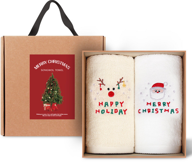 송월타월 크리스마스 호텔 수건 130g 30수 면사 2종 + 크라프트 케이스 세트, 아이보리 산타, 베이지 루돌프, 1세트