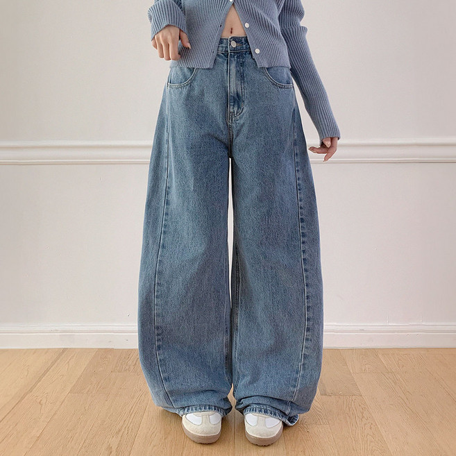플랜데이 여성용 숏/미디움/롱 기장 에즈 절개 워싱 와이드 데님 팬츠