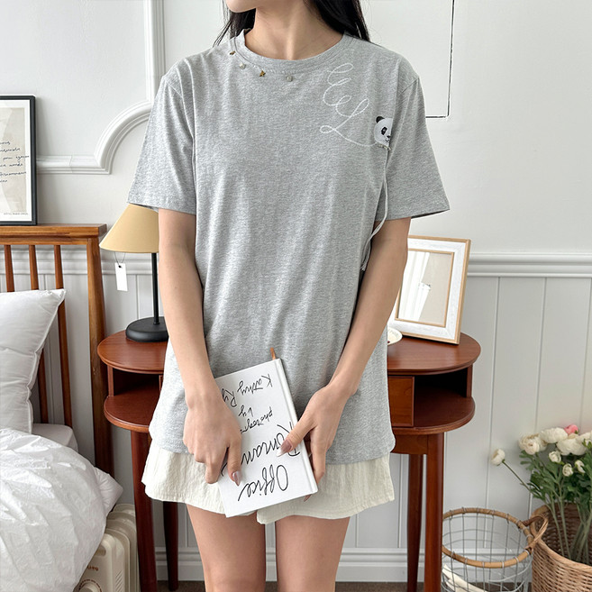 메이첼 여성용 스터드 판다 라운드넥 반팔 티셔츠 10338