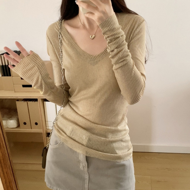 소니오 여성용 에센셜 브이핏 골지 긴팔 니트