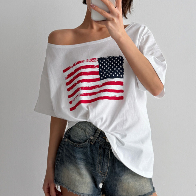 라라온 여성용 코튼 면 오프숄더 성조기 반팔 티셔츠 26TSP3786