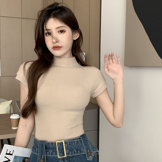 디멜디 여성용 반하이넥 여름 쿨링 기본 반팔티셔츠