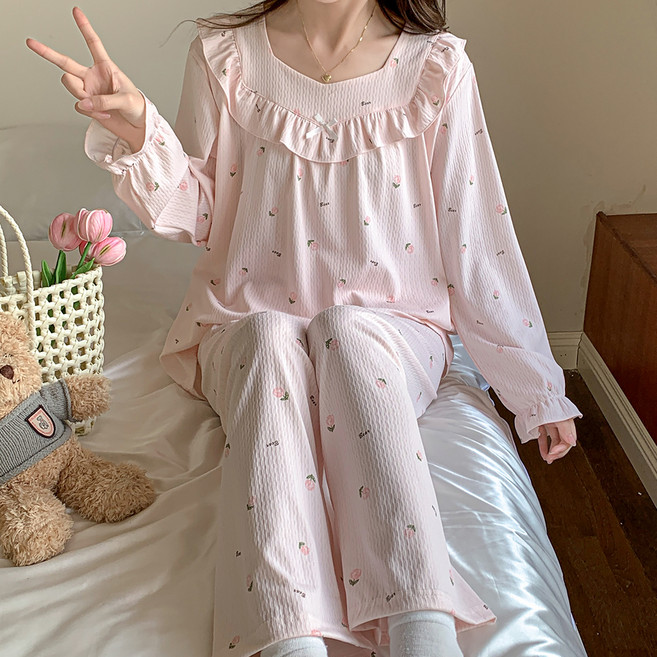 안나앤코 여성용 플로럴 프릴 패턴 긴팔 파자마 상하세트