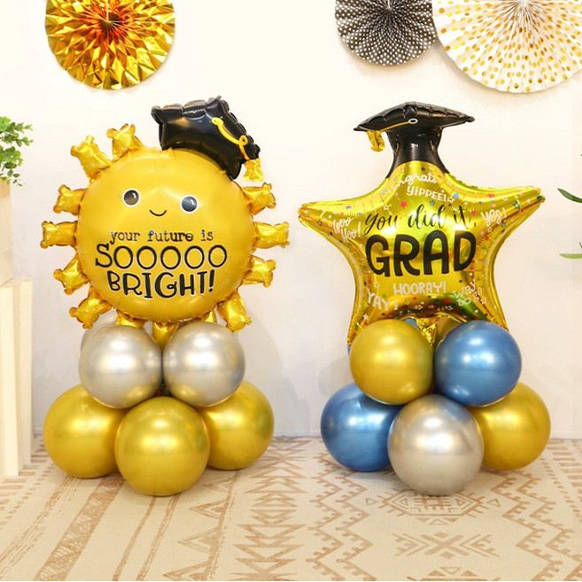 졸업 풍선 기둥 학사모 태양 + 학사모 골드별 DIY 세트, 골드(30cm풍선) + 블루(30cm풍선) + 실버(30cm풍선), 1세트