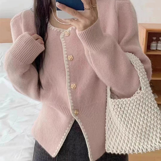 더플로우커머스 여성용 클래식 스퀘어넥 레이스 트리밍 크롭 니트 가디건