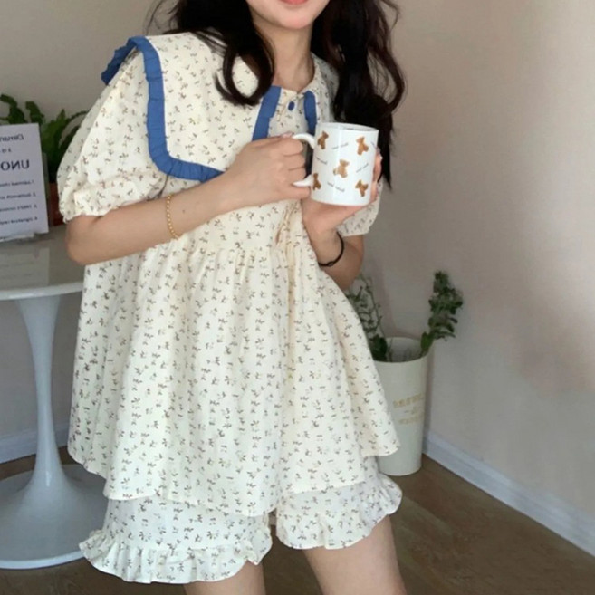 PEONIST 女款水手領荷葉邊可愛短袖居家服套裝