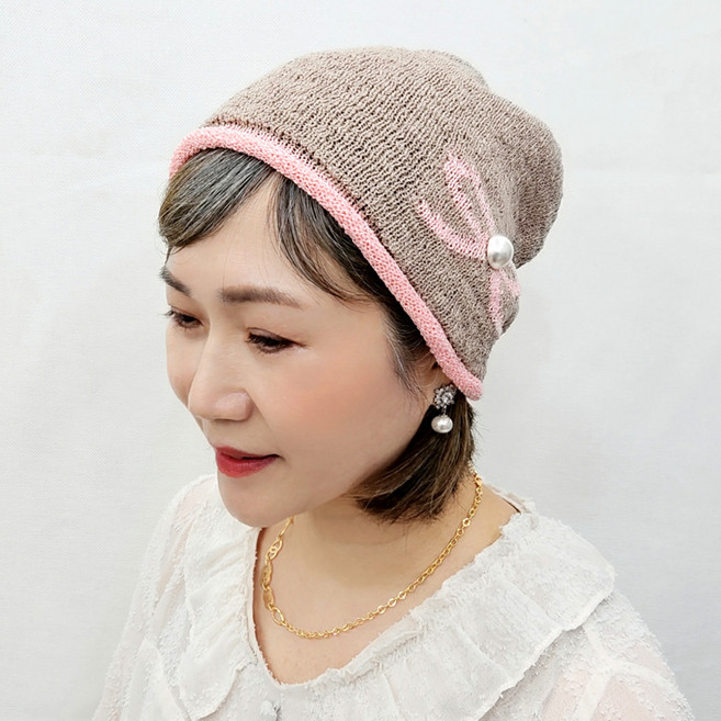 제이제이나인 여성용 리본 진주 돌돌 두건 비니 모자 DNS11