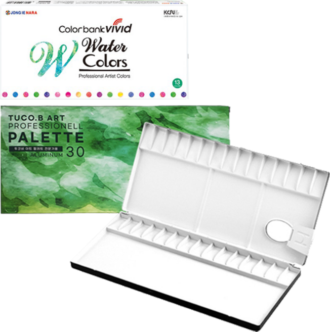 투코비 프리미엄 알루미늄 미술용 팔레트 + 종이나라 비비드컬러 수채화 물감 13종 x 7.5ml 세트, 30칸, 1세트