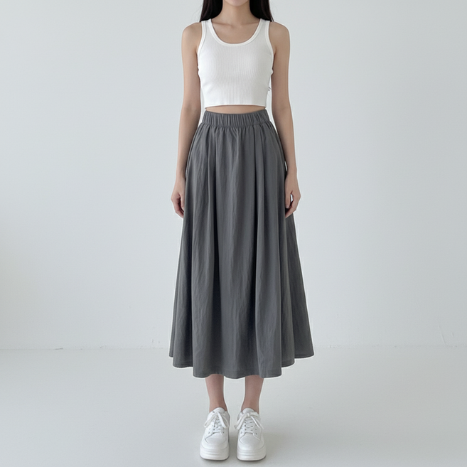 마켓피아 여성용 봄여름 심플 플리츠 A라인 밴딩 롱 스커트