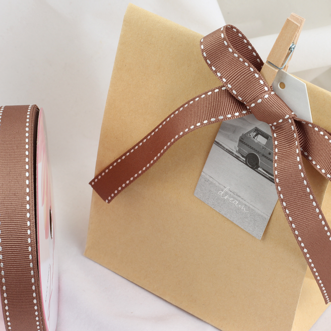 골직 스티치 리본 15mm, 밤색 + 백색, 2개, 15m