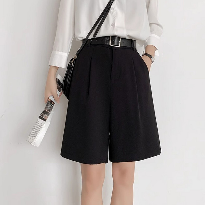 더시럽 여성용 핀턱 와이드 하프 슬랙스 반바지