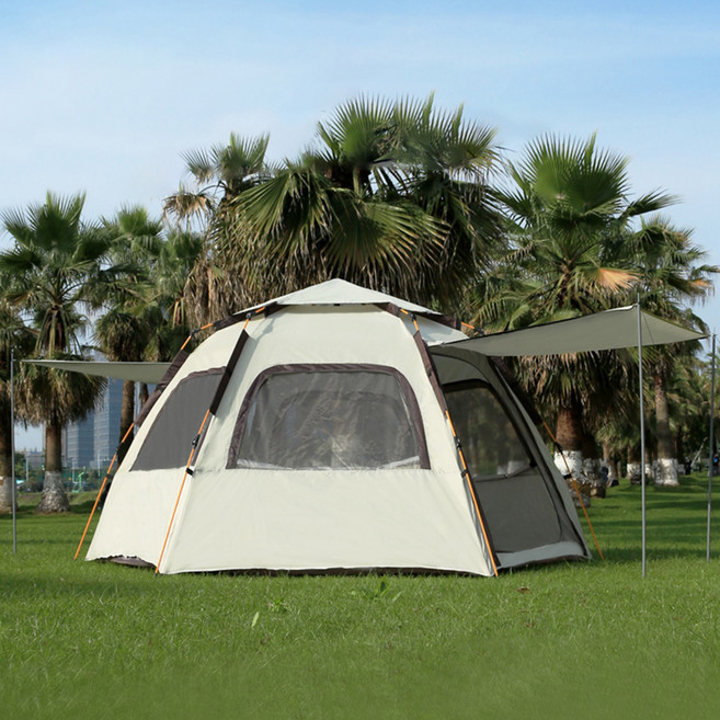 iN&CAMPING 360度開放式一鍵彈出帳篷 + 外帳 + 快裝營柱組, 5-8人用, 象牙白