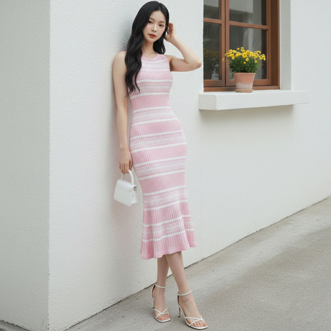 비비에모 루지 스트라이프 머메이드 나시 롱 원피스 12380