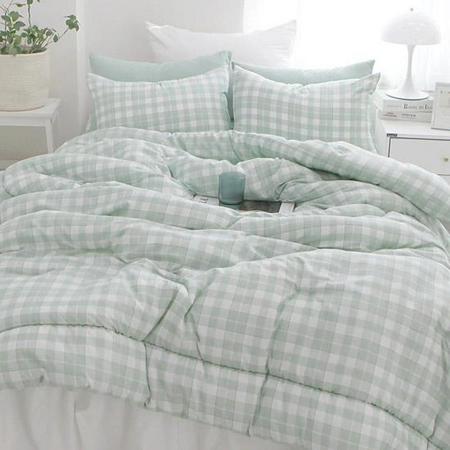 Beau Monde 韓國製 柔軟水洗牛奶格紋薄被 蘋果薄荷 SS, 薄荷綠