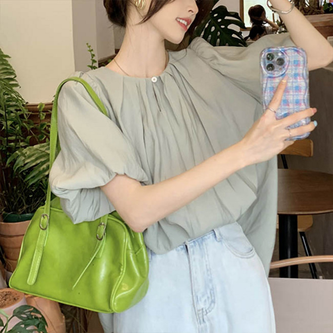 앤드스타일 여성용 플리츠 벌룬 반팔 블라우스 260916