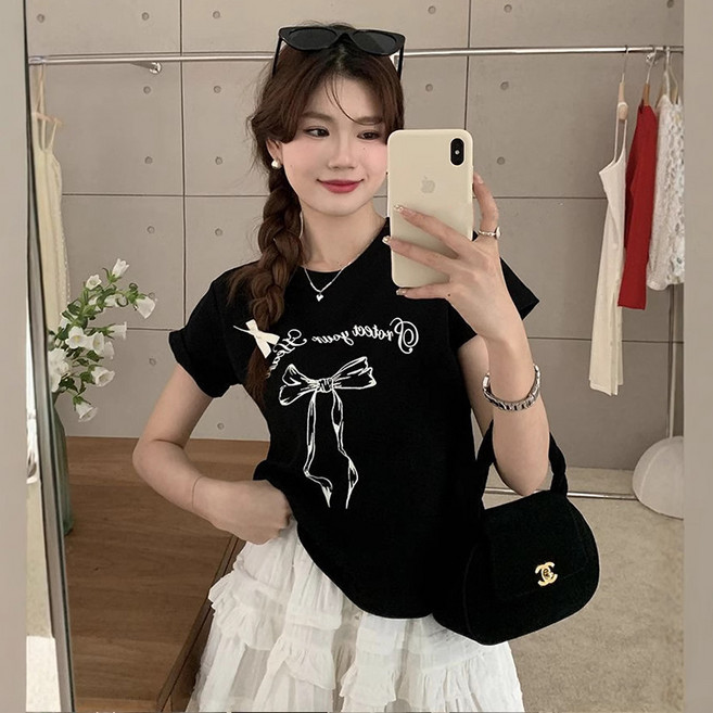 피어니스트 여성용 러블리 리본 프린팅 기본 반팔 티셔츠