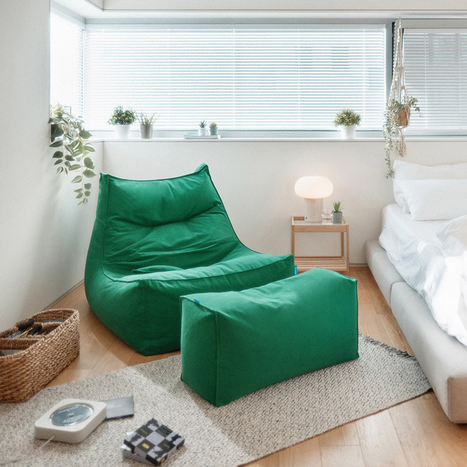 폴리몰리 607C 코튼 빈백 소파 1인용 대형 순면 의자 + 풋스툴 세트, 클래식 그린