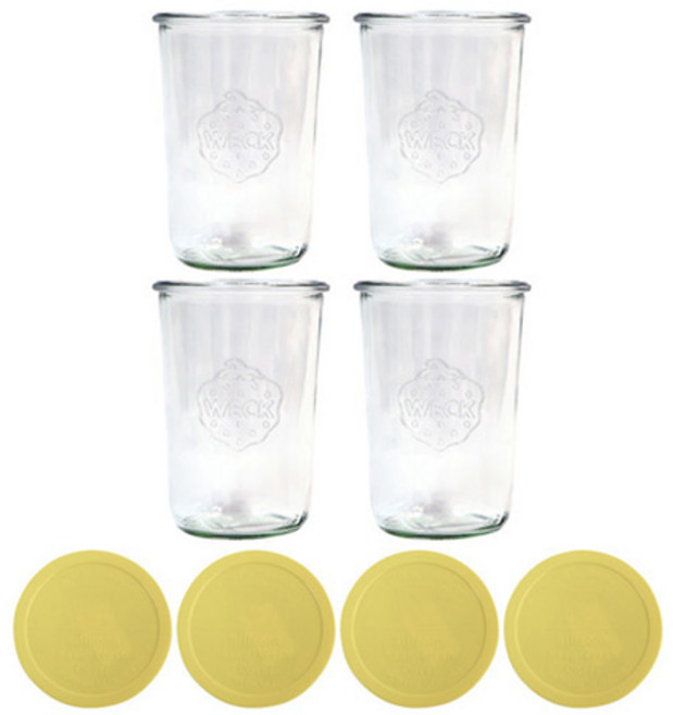 WECK Mold 743 유리병 4p + 바닐라 옐로우 실리콘 뚜껑 4p 세트, 1세트, 850ml