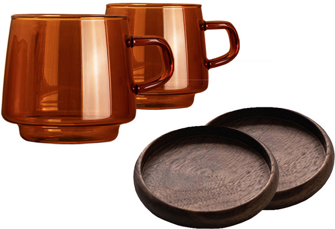 칼딘 세도나 내열 유리 머그컵 320ml 2p + 월넛 트레이 2p 세트, 엠버(머그컵), 브라운(트레이), 1세트
