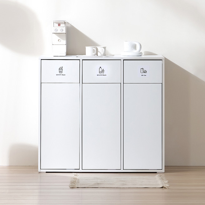 서울소호 클린 분리수거 슬림수납장 방문설치, 화이트, 3단