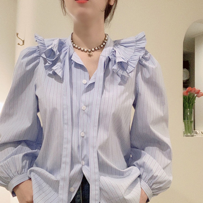 벨라노이 심플 라인 만다린 카라 프릴 타미 블라우스