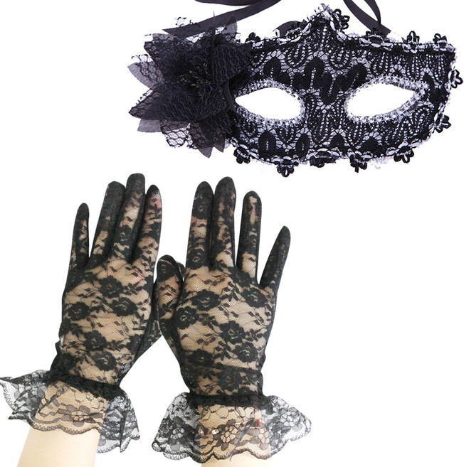 파티공구 베네치아 플라워 반가면 + 레이스 장갑 2종 세트, 블랙, 1세트