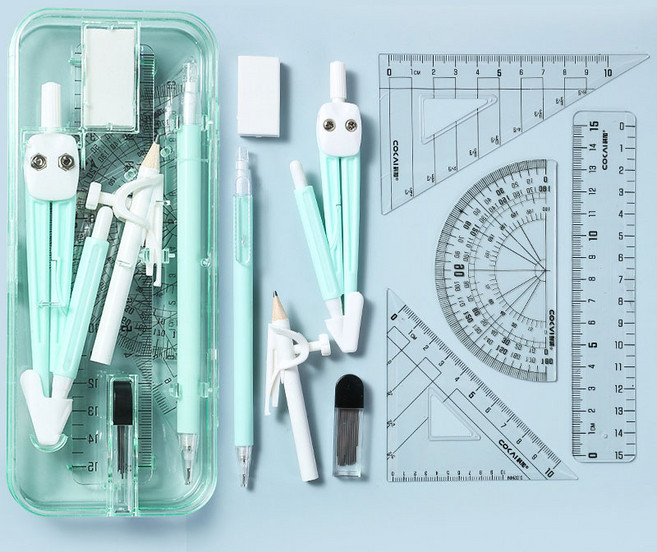 제도용 캠퍼스 룰러 9종 + 필통 문구세트, 그린, 1세트