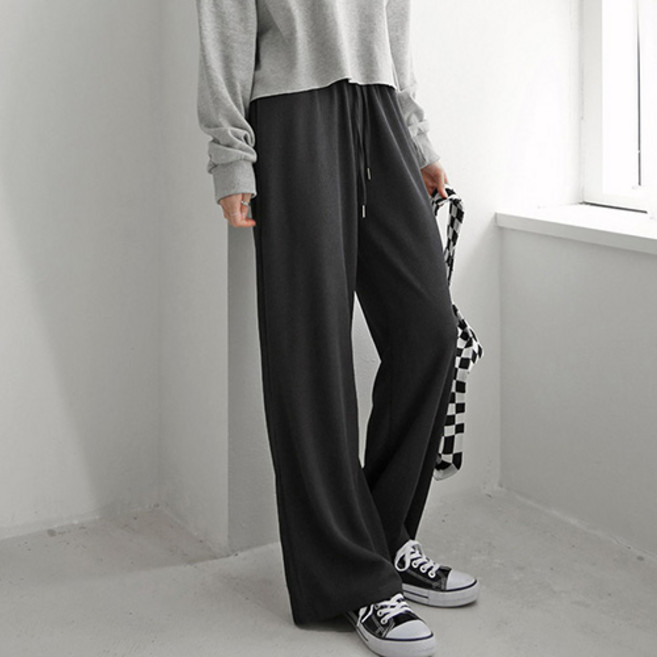 유니제이 레몬소울 여성용 코넴 밴딩 골지 와이드 팬츠 롱