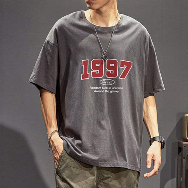 패션플로우 남성용 통기성 1997 레트로 레터링 반팔 티셔츠