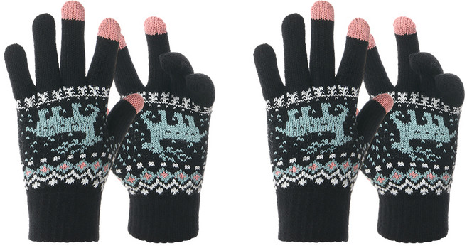 나야스타일 성인용 방한 루돌프 자수 스마트폰 터치 털 장갑 DM-1-1 2p세트, 블랙
