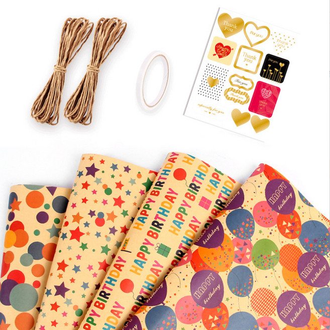 Inp DIY KP氣球星星生日包裝紙 50 x 70cm 4款 + 麻繩 2p + 膠帶 + 貼紙套組, 混合色, 1套