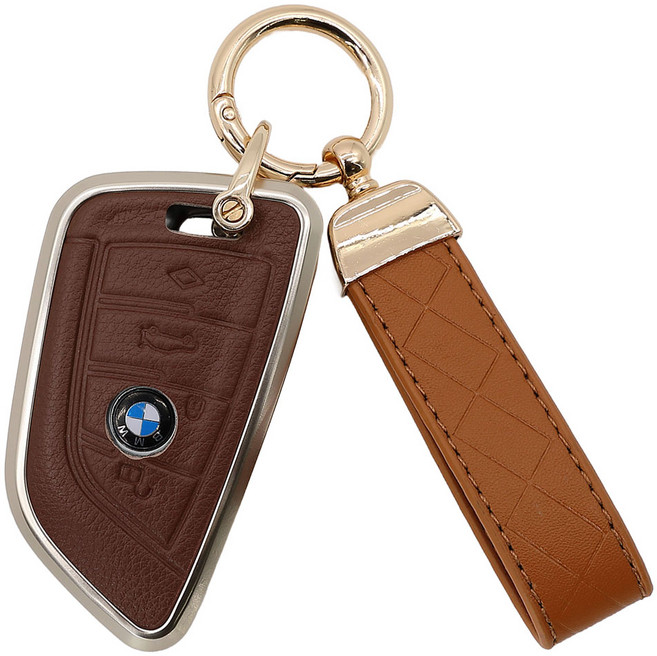 엠디글로벌 BMW 메탈 가죽 차 키케이스 + 가죽스트랩 A타입, 브라운