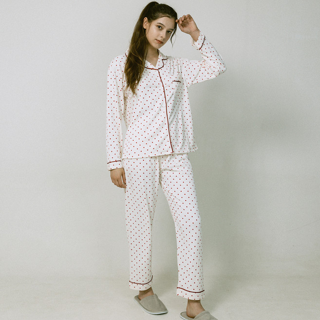 Anna&Co 女款簡約圓點楊柳棉長袖睡衣家居服上下套裝
