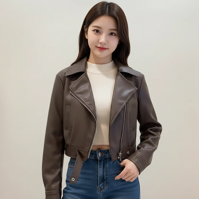 마켓피아 여성용 봄가을 가죽 레더 숏 자켓