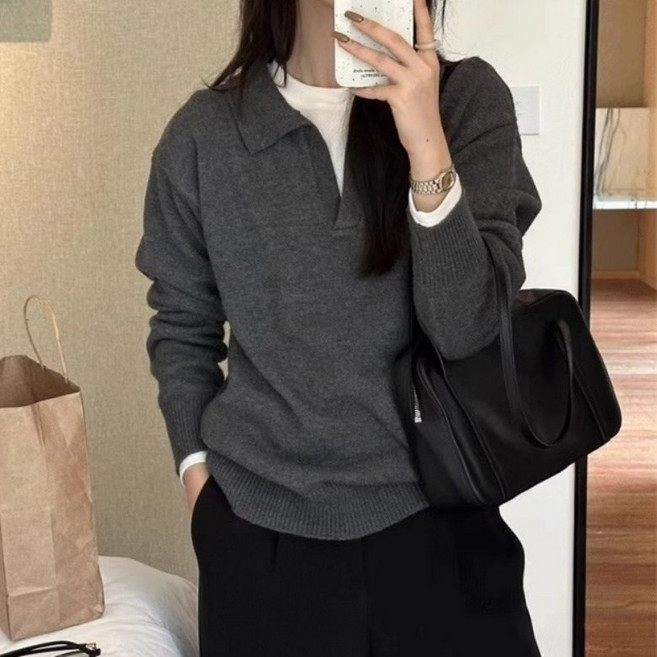 I'M MONG 女款短版V領翻領長袖針織衫 R5W003