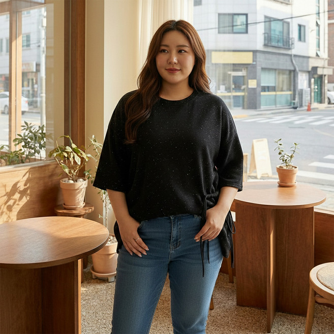 인피어스 여성용 빅사이즈 매듭 반짝이 오버핏 티셔츠 I263-0366