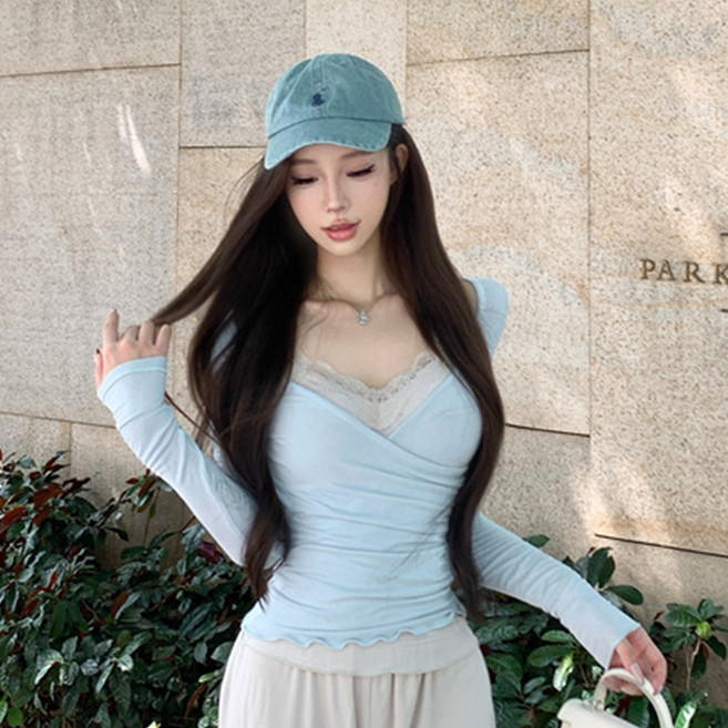 피어니스트 여성용 레이스 섹시 포인트 볼륨 랩 슬림 티셔츠