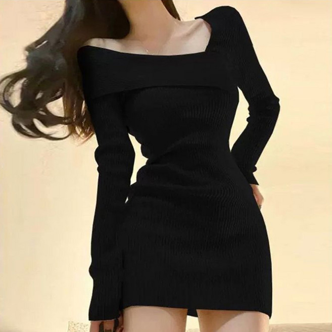 피어니스트 슬림 골지 니트 섹시 오프숄더 미니 원피스