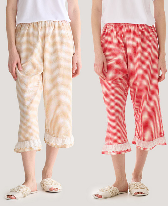 테라우드 여성용 리썸 체크 레이스 9부 파자마 바지 2종 세트