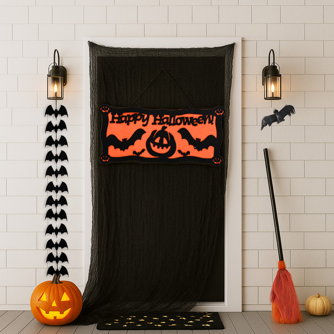 파티쇼 할로윈 입구 장식 가랜드 그물 박쥐모형 소형세트 배너블랙박쥐 빗자루오렌지, 혼합색상, 1세트