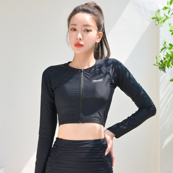 HERRINGBONE apparel 女款短版拉鍊防磨衣修身泳裝長袖上衣 RG361W, 黑色