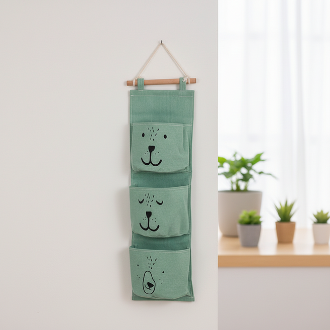 조인메이드 곰 침대 옆 도어 패브릭 방수 가방 보관 벽걸이 수납 포켓, 그린
