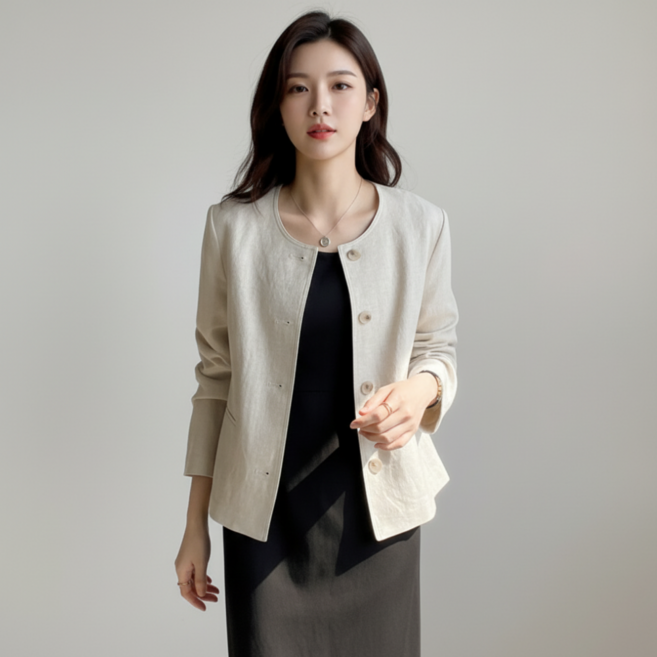 구디프 여성용 라운드 노카라 경량 숏자켓